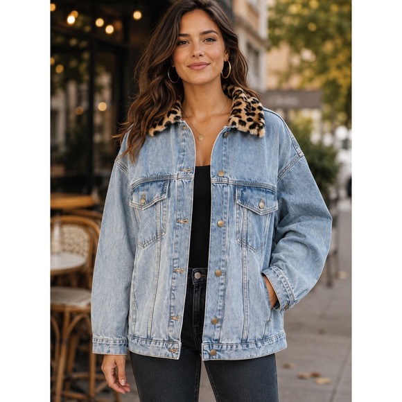 Pilcro Jackets & Blazers - NWT Pilcro The Weston Denim Boyfriend Jacket Womens Large Leopard Collar Edition